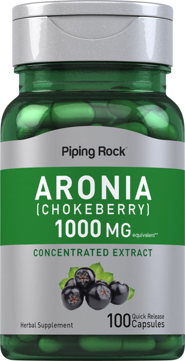 A bottle of Aronia (Chokeberry) 1000 MG equivalent, containing 100 quick release capsules.