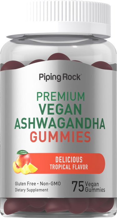 Vegan Ashwagandha Gummies with tropical flavor, gluten-free and non-GMO, featuring 75 gummies per bottle.