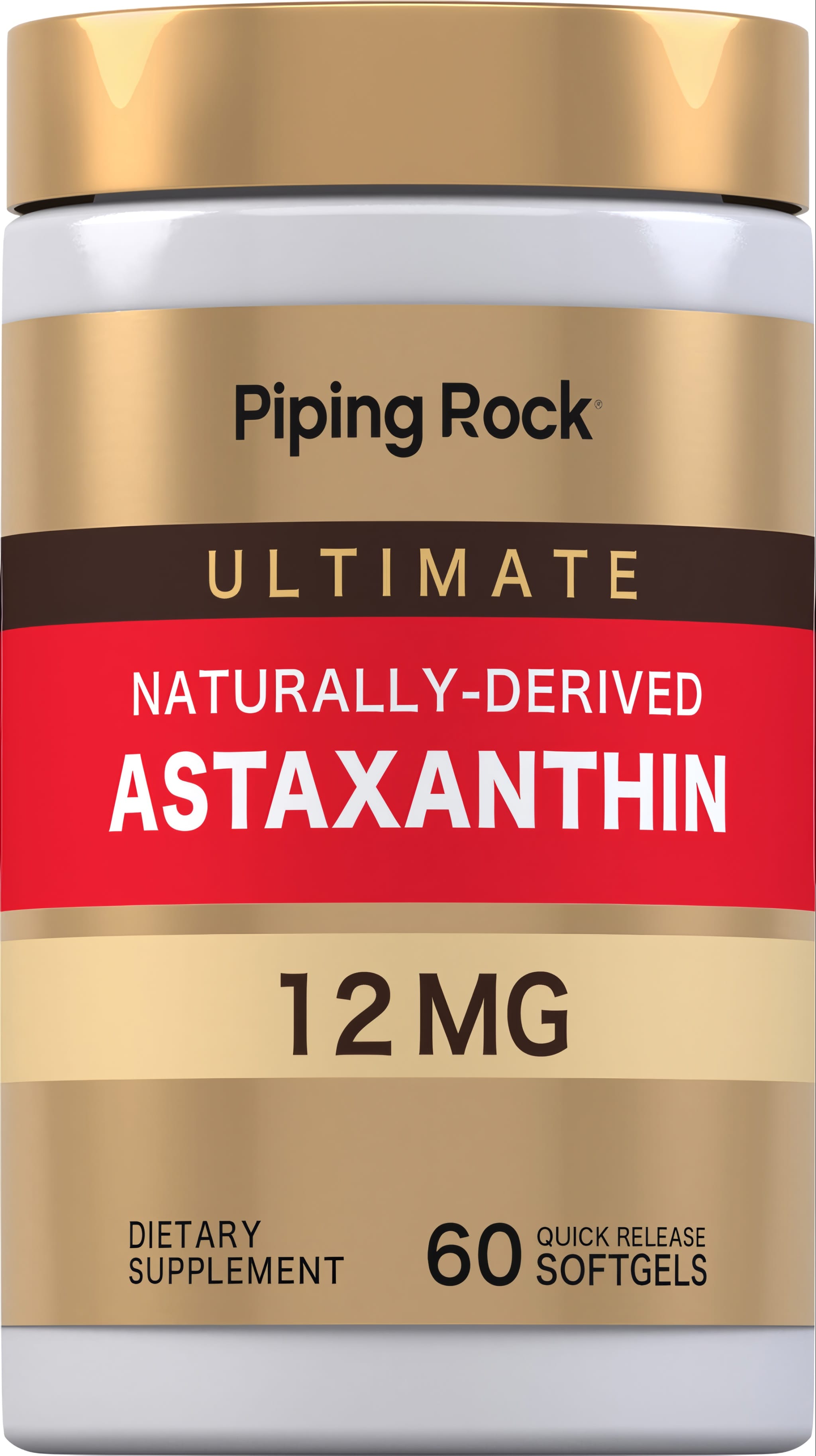 Ultimate Naturally-Derived Astaxanthin 12 mg dietary supplement with 60 quick release softgels.