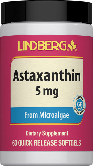 Lindberg Astaxanthin 5 mg from Microalgae, 60 Quick Release Softgels. Verified gluten-free and GF certified.