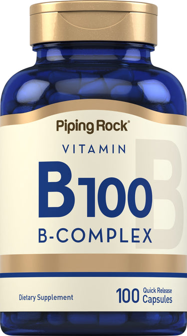Bottle of Vitamin B100 B-Complex containing 100 quick release capsules.