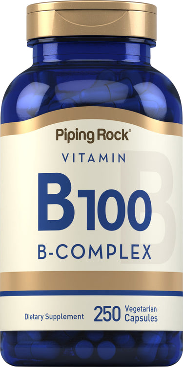 Vitamin B100 B-Complex dietary supplement, contains 250 vegetarian capsules in a bottle.