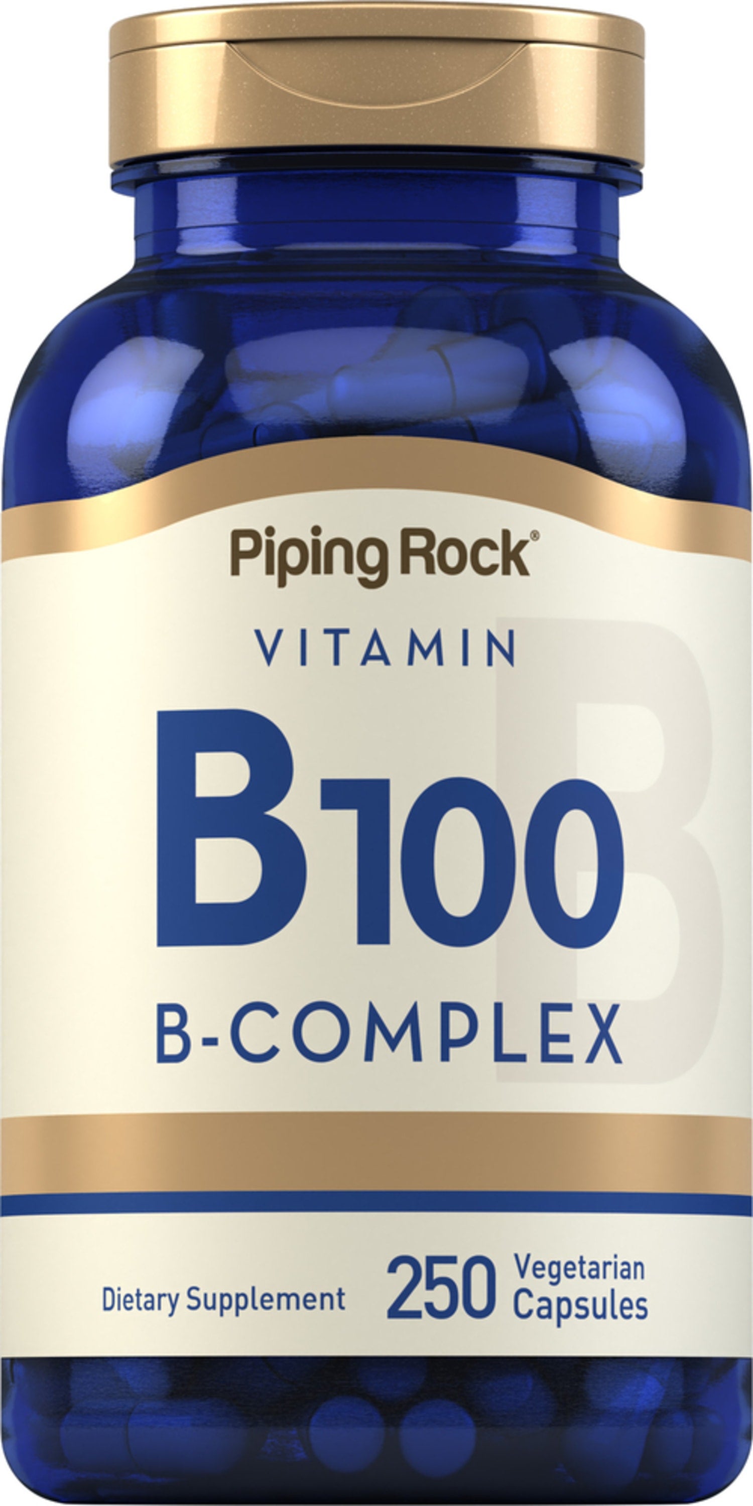 Vitamin B100 B-Complex Dietary Supplement with 250 Vegetarian Capsules for health support.