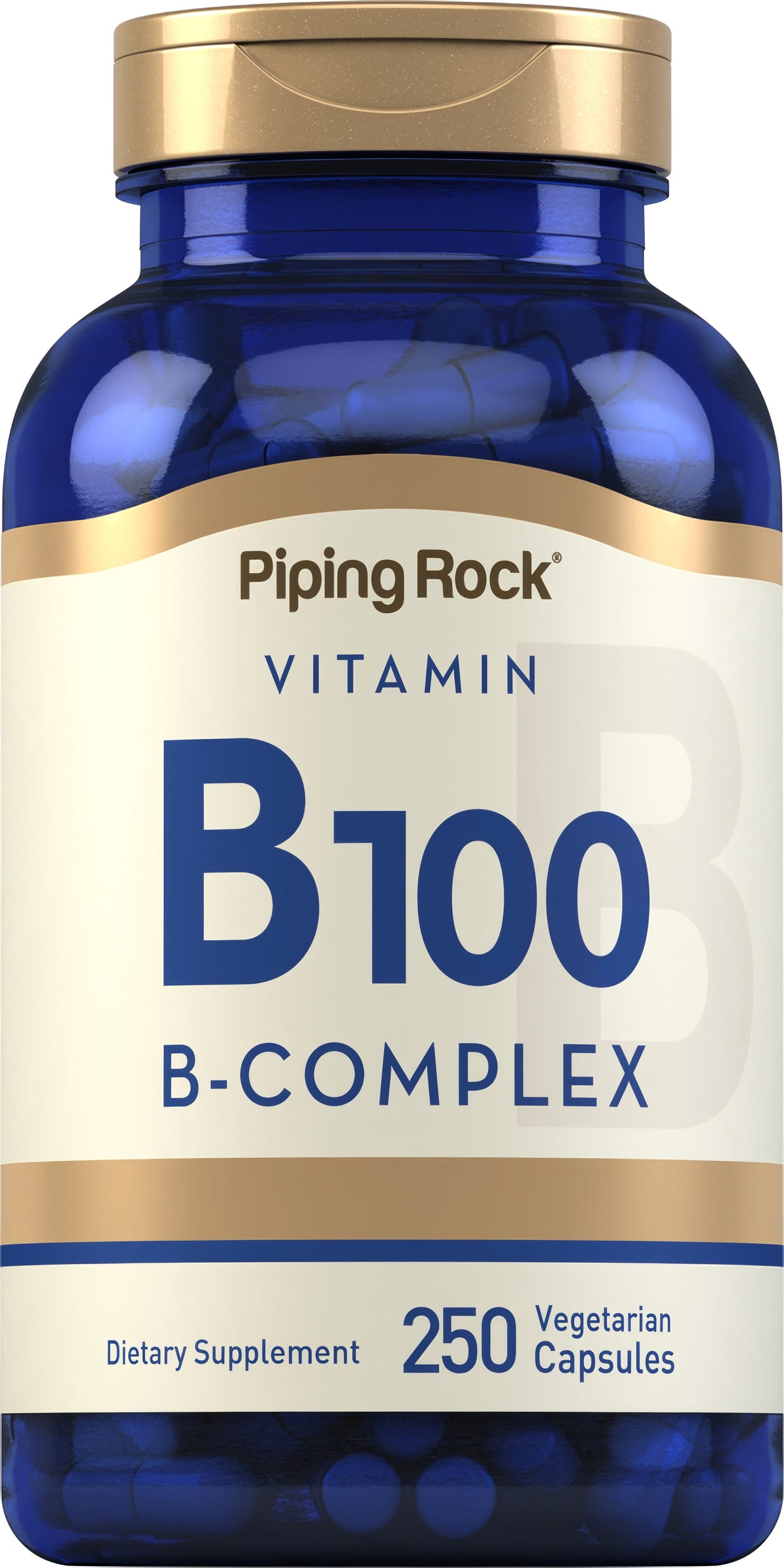 Vitamin B100 B-Complex dietary supplement, contains 250 vegetarian capsules in a bottle.