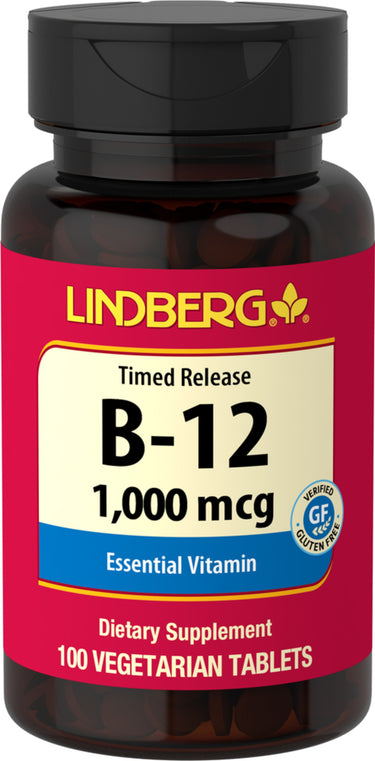 Timed Release B-12 1,000 mcg, essential vitamin dietary supplement with 100 vegetarian tablets, verified gluten free.