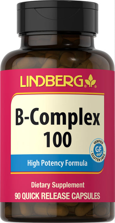 LINDBERG B-Complex 100 High Potency Formula, 90 Quick Release Capsules, Verified Gluten Free Dietary Supplement.
