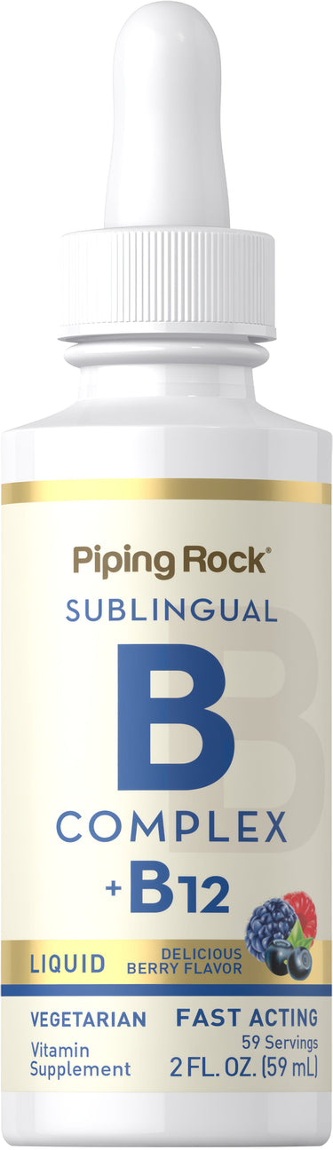 Sublingual B Complex + B12 Liquid in berry flavor, 2 FL. OZ., vegetarian, fast acting, offering 59 servings.