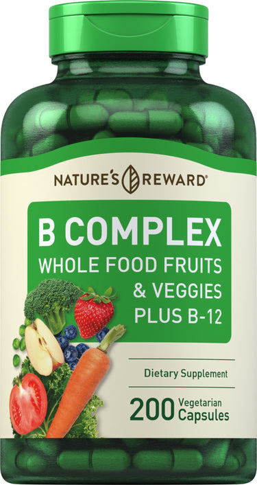 B Complex Whole Food Fruits & Veggies Plus B-12, available in 200 vegetarian capsules.
