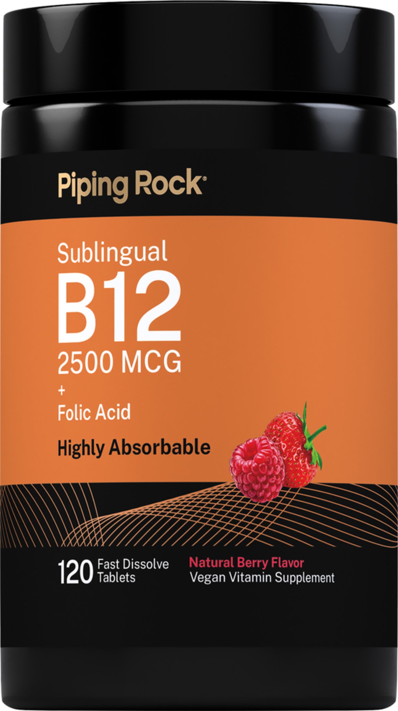 Sublingual B12 2500 MCG + Folic Acid, Highly Absorbable, 120 Fast Dissolve Tablets, Natural Berry Flavor, Vegan Vitamin Supplement.