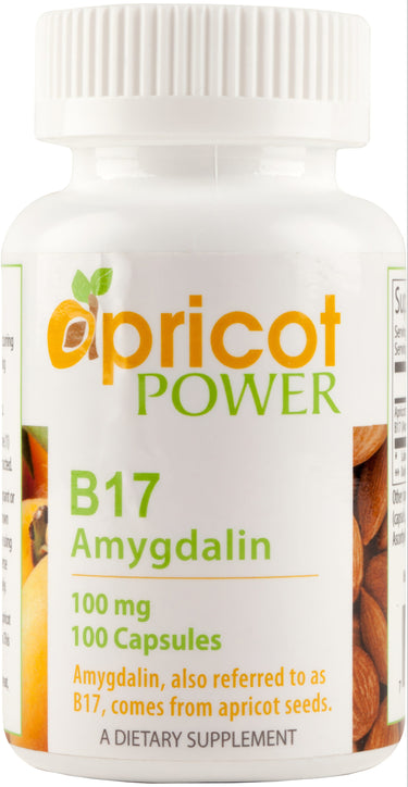 A bottle of Apricot Power B17 Amygdalin supplement featuring 100 mg, 100 capsules, designed for wellness and dietary support.