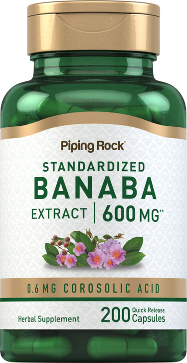 Standardized Banaba Extract 600 MG with 0.6 MG Corosolic Acid as a herbal supplement in 200 quick release capsules.