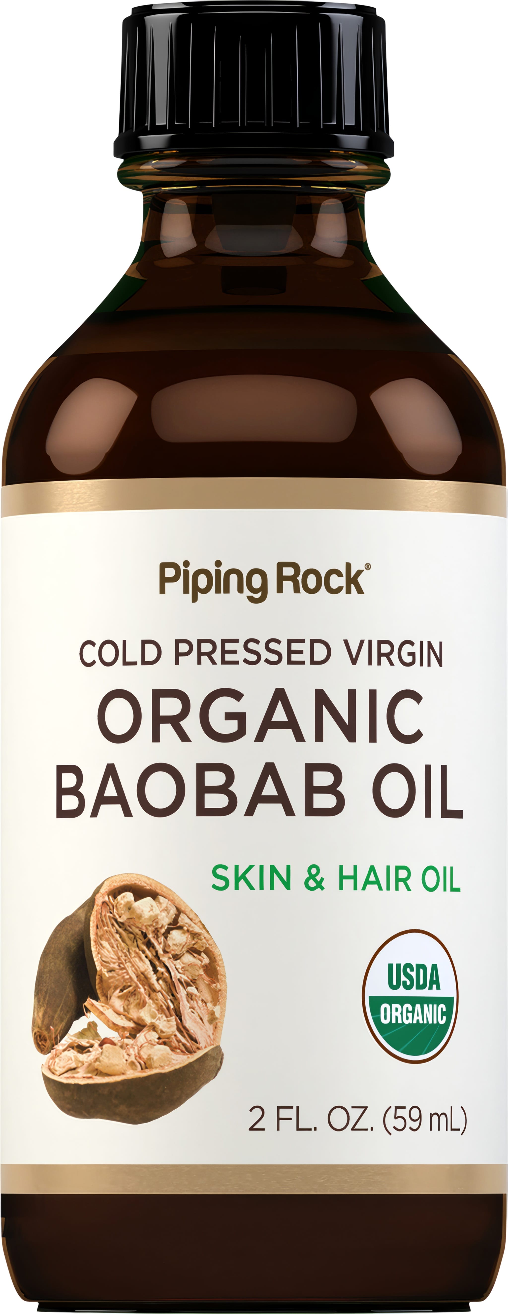Cold Pressed Virgin Organic Baobab Oil, Skin & Hair Oil, 2 FL. OZ. (59 mL) bottle, with baobab fruit image and USDA Organic seal.