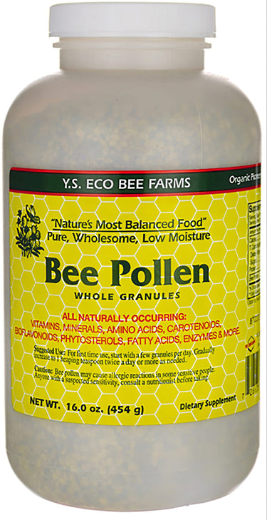 Y.S. Organics Low Moisture Bee Pollen 16 oz (454 g) whole granules dietary supplement product image.