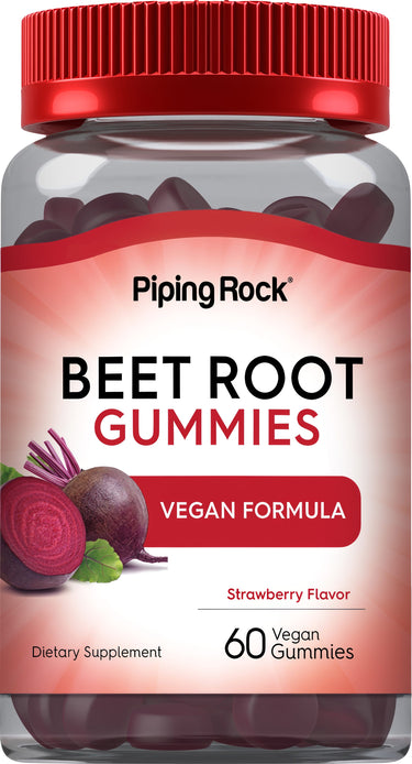 Beet Root Gummies, 60 vegan gummies, strawberry flavor, vegan formula, dietary supplement bottle.