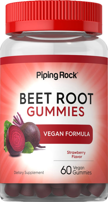 Vegan strawberry beet root gummies dietary supplement with 60 gummies in a bottle, vegan formula.