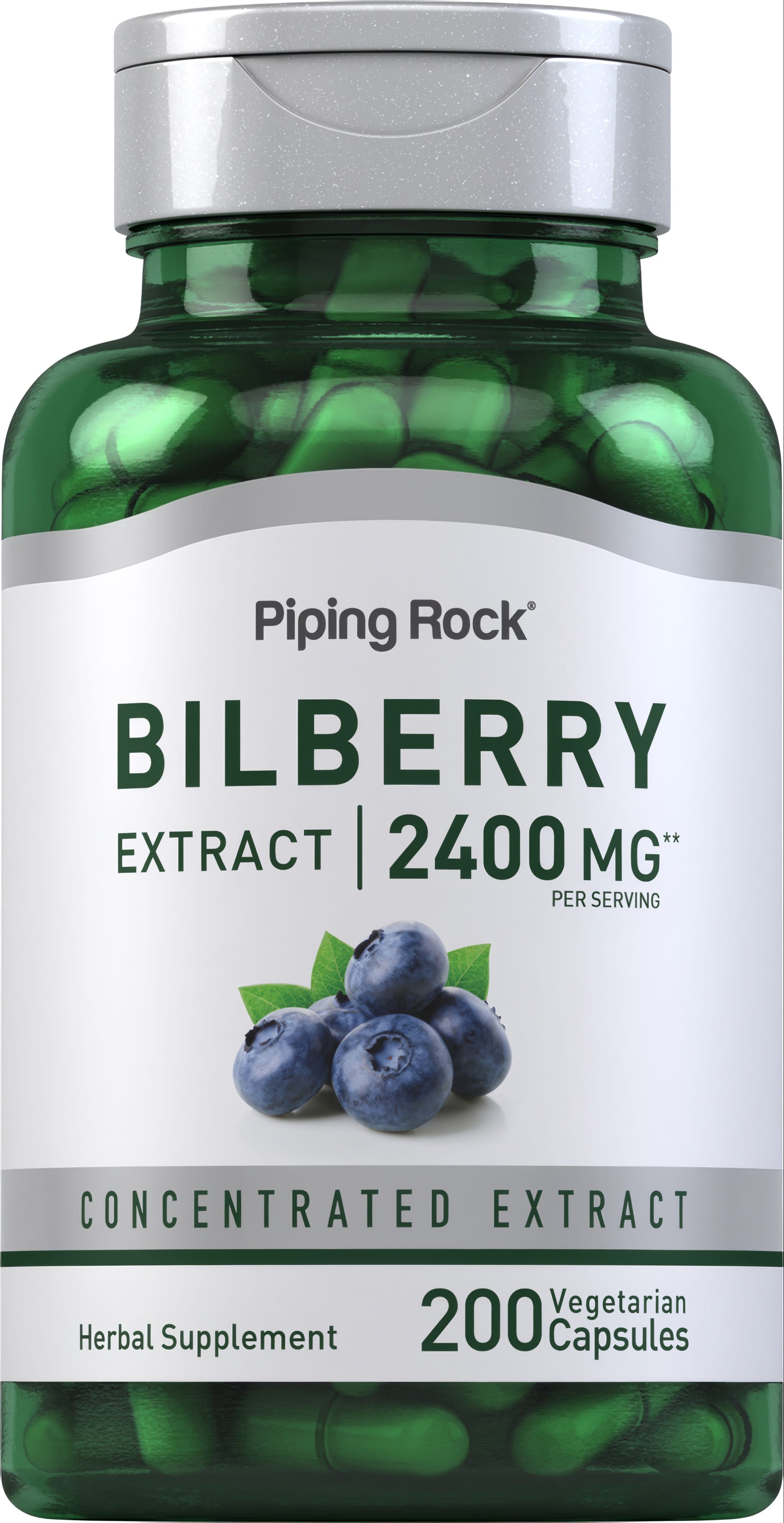 Bottle of Bilberry Extract 2400mg with 200 vegetarian capsules.
