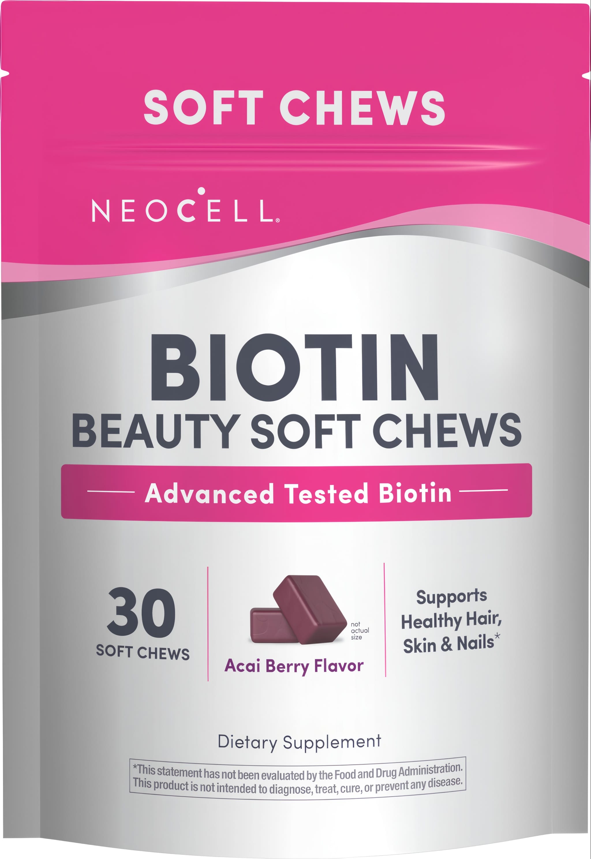 NCL Biotin Beauty with Acai Berry Flavor includes 30 soft chews for supporting healthy hair, skin, and nails.