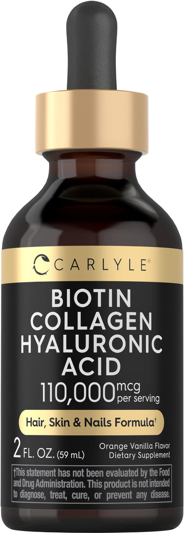 Carlyle Biotin Collagen Hyaluronic Acid Liquid, 110,000 mcg per serving, 2 FL. OZ. (59 mL), Orange Vanilla Flavor.