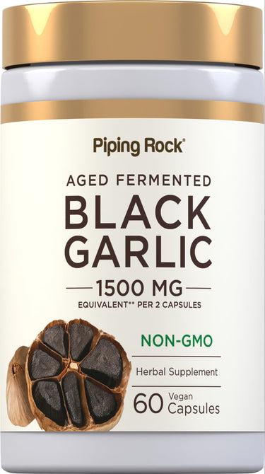 Aged Fermented Black Garlic 1500 mg per 2 capsules, non-GMO herbal supplement in a bottle, 60 vegan capsules.