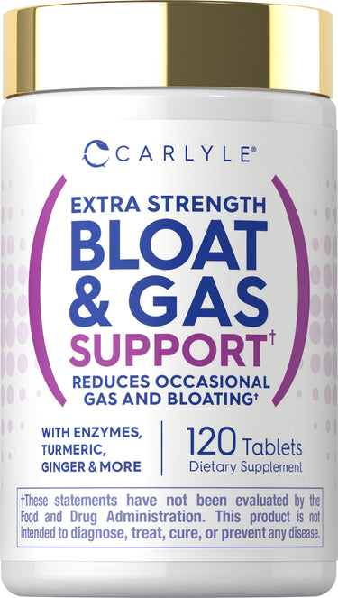 Carlyle Extra Strength Bloat & Gas Support dietary supplement, 120 tablets, helps alleviate bloating and gas effectively.