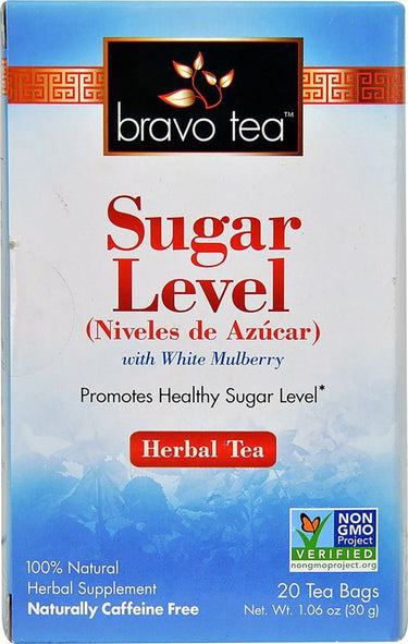 Bravo Sugar Level Herbal Tea with White Mulberry. Promotes healthy sugar levels. Caffeine free. 20 tea bags, 1.06 oz.