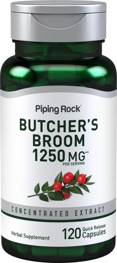 Butcher's Broom 1250 MG herbal supplement with concentrated extract, 120 quick release capsules per serving.