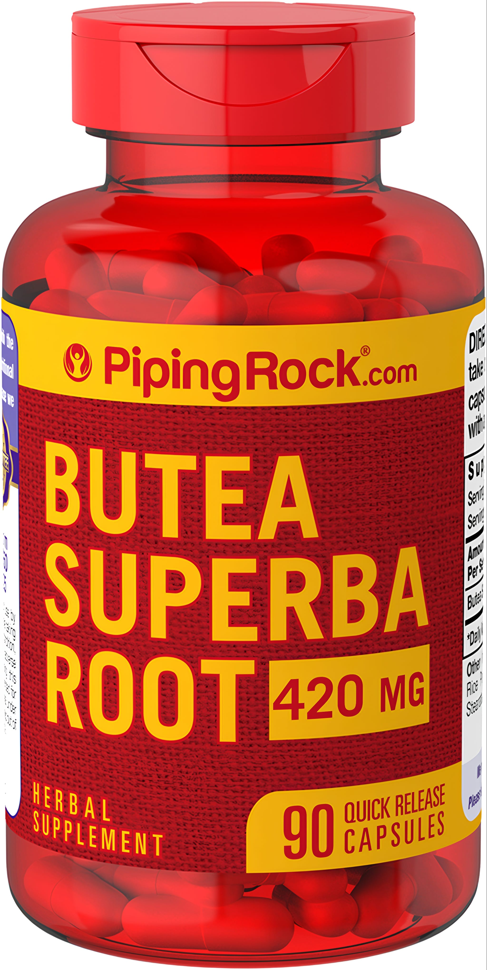 Butea Superba Root 420 mg herbal supplement with 90 quick release capsules shown as a product image.