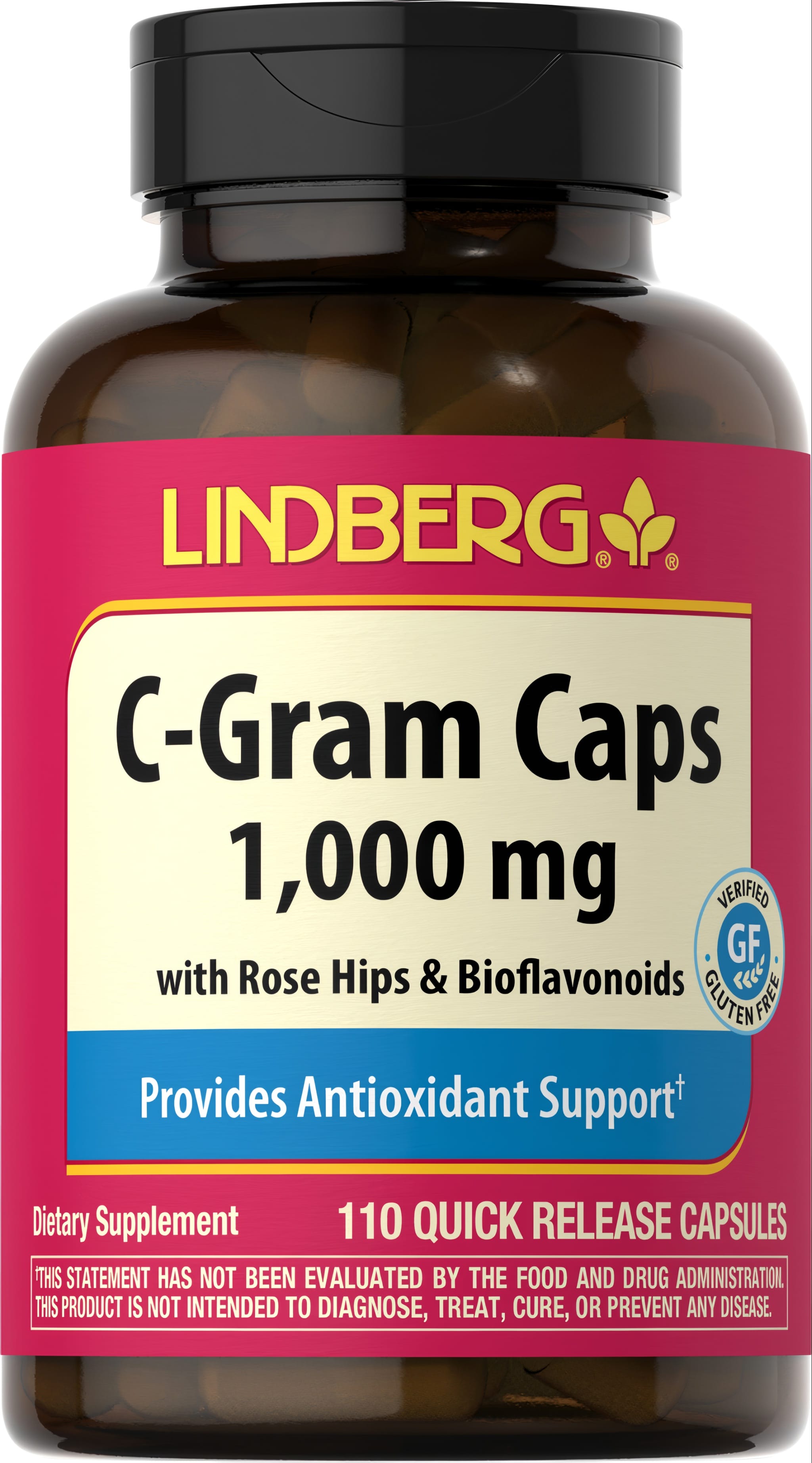 Lindberg C-Gram Caps 1,000 mg with Rose Hips and Bioflavonoids, Gluten Free, 110 Quick Release Capsules.