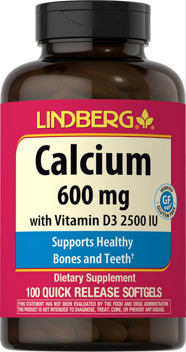 Calcium 600 mg with Vitamin D3 2500 IU, 100 quick release softgels, gluten free.