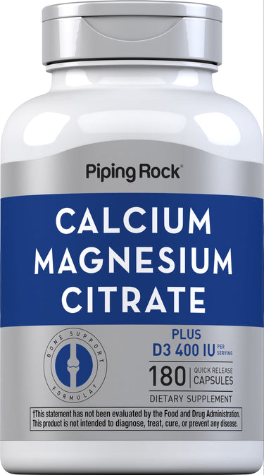 Calcium Magnesium Citrate plus D3 400 IU, 180 quick-release capsules, dietary supplement bottle.