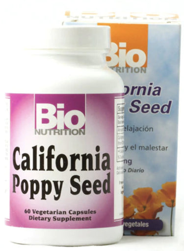 Bio Nutrition California Poppy Seed, a dietary supplement, with 60 vegetarian capsules.