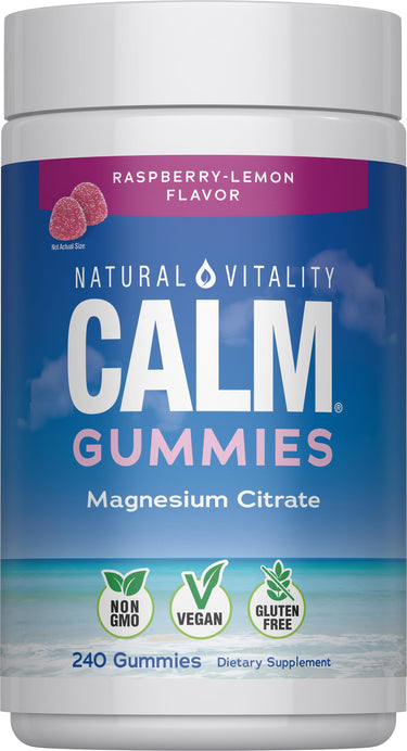 NV Calm Raspberry-Lemon Magnesium Citrate Gummies, 240 count, are non-GMO, vegan, and gluten-free.