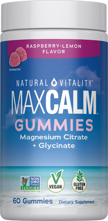 MaxCalm Gummies, Raspberry-Lemon flavor with Magnesium Citrate and Glycinate, 60 gummies as a dietary supplement.