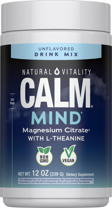 NV Calm Mind Magnesium Citrate with L-Theanine, unflavored drink mix, 12 oz, non-GMO and vegan.