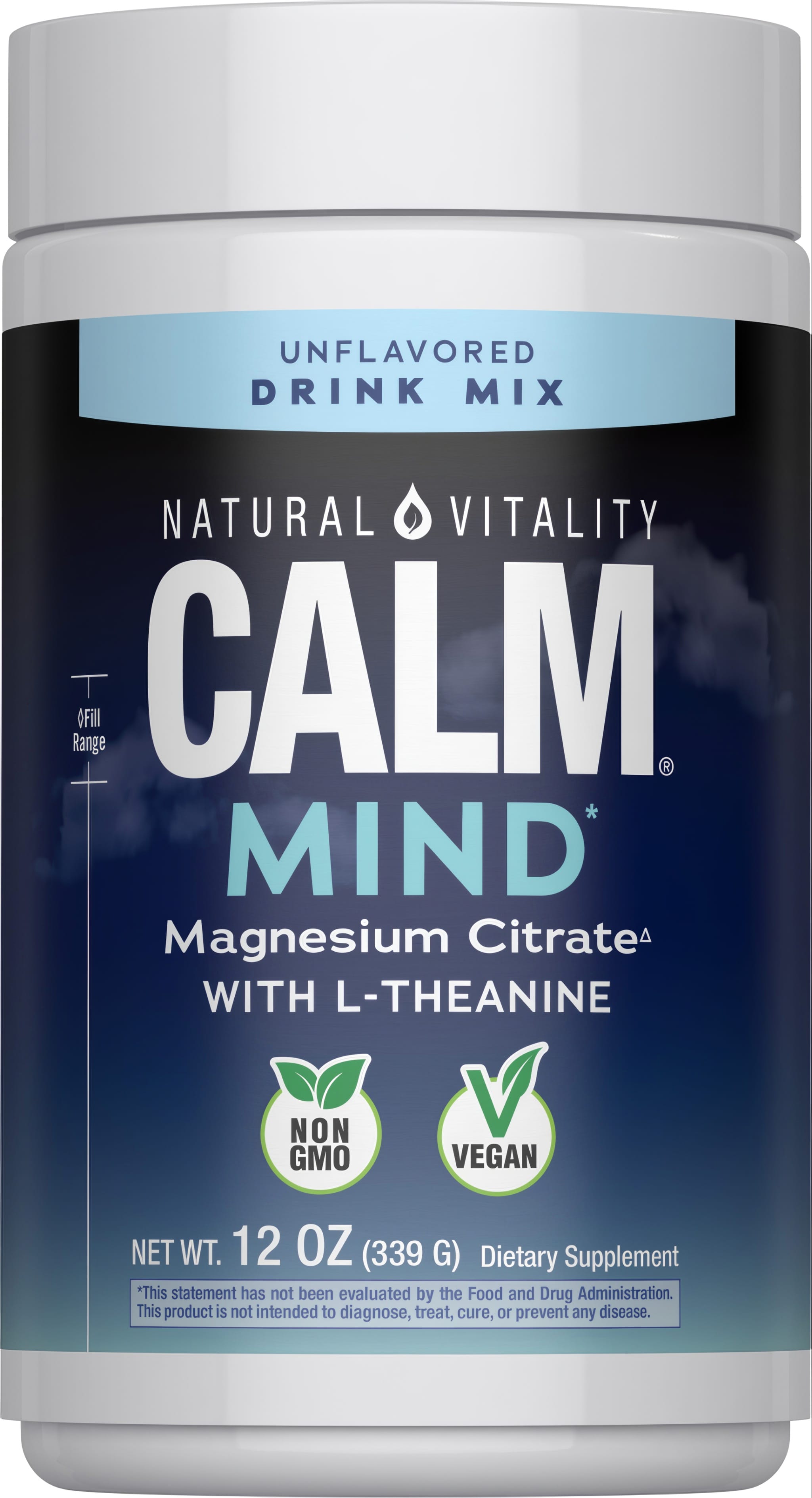 Natural Vitality Calm Mind Magnesium Citrate with L-Theanine, Unflavored Drink Mix, Net Wt. 12 OZ (339 G).