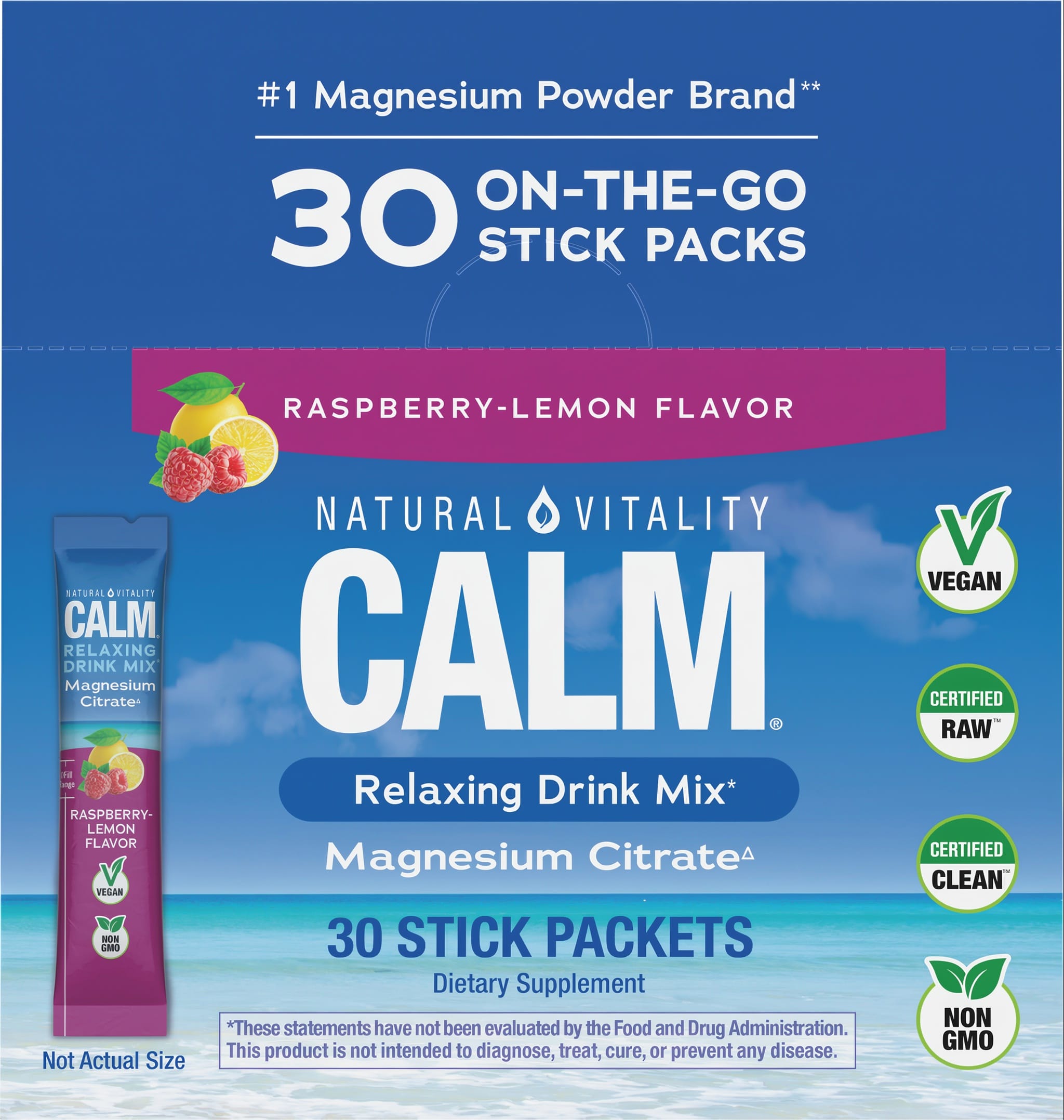 Natural Vitality Calm Raspberry-Lemon Relaxing Drink Mix, Magnesium Citrate with 30 convenient on-the-go stick packs.