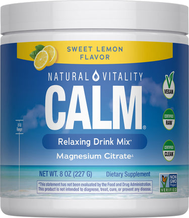Natural Vitality Calm Relaxing Drink Mix, Sweet Lemon flavor, Magnesium Citrate powder, net weight 8 oz (227 g).