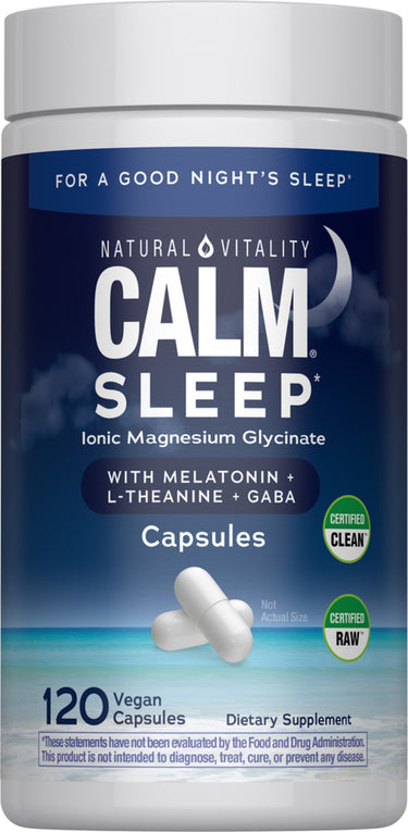 Natural Vitality Calm Sleep Ionic Magnesium Glycinate capsules with melatonin, L-theanine, GABA, 120 vegan capsules.
