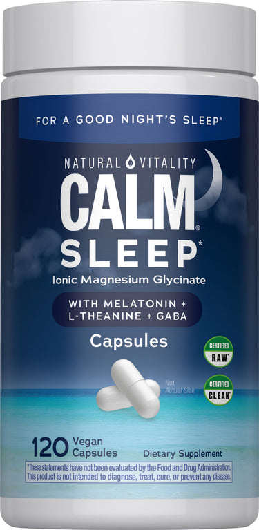 Natural Vitality Calm Sleep capsules with magnesium glycinate, melatonin, L-Theanine, and GABA; 120 vegan capsules.
