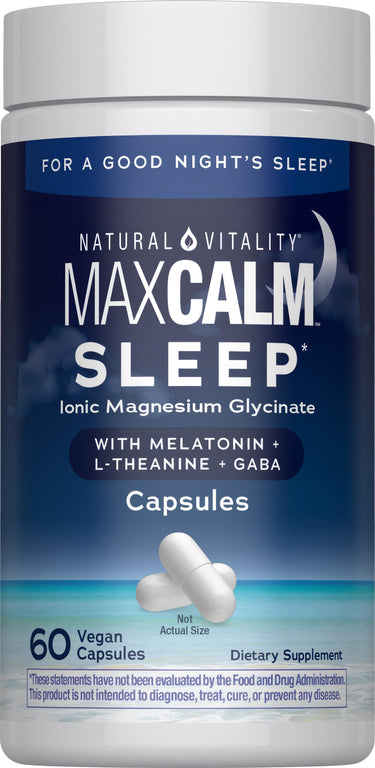 MaxCalm Sleep Ionic Magnesium Glycinate with Melatonin, L-Theanine, and GABA, 60 Vegan Capsules for restful sleep.