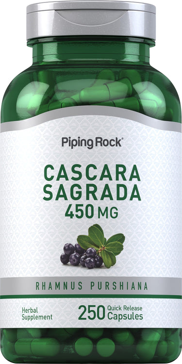 Cascara Sagrada 450 MG in a bottle with 250 quick release capsules is displayed.