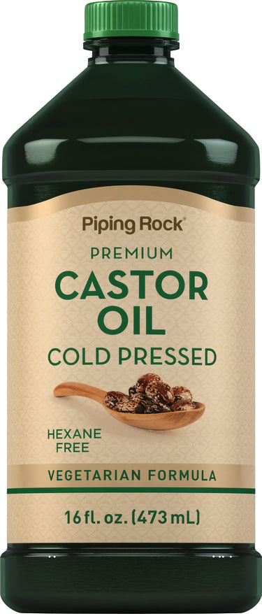 Premium castor oil, cold pressed, hexane free, vegetarian formula, 16 fl. oz. (473 mL) bottle.
