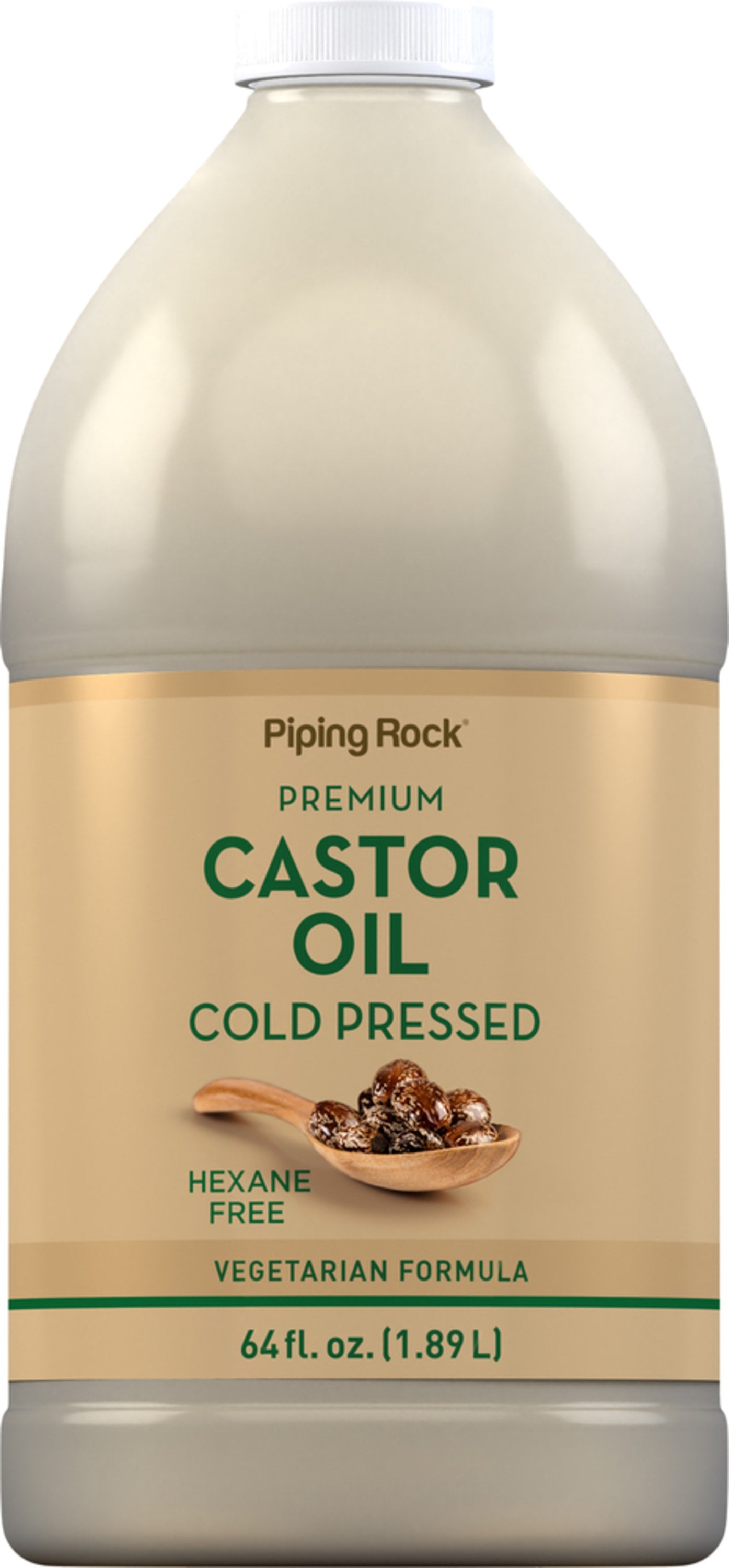 Bottle of Castor Oil Liquid, Cold Pressed, 64 fl. oz. (1.89 L), Hexane Free, Vegetarian Formula.
