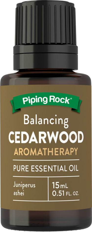 Cedarwood Oil 15 mL bottle labeled 'Balancing Cedarwood Aromatherapy Pure Essential Oil Juniperus ashei'.