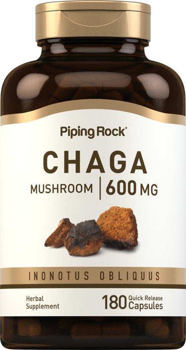 Bottle of Chaga Mushroom 600 mg capsules, 180 count, quick release, dietary supplement.