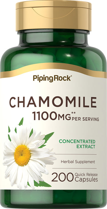 Chamomile herbal supplement with 1100 mg extract per serving, 200 quick release capsules.