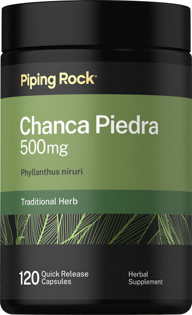 Chanca Piedra 500mg, Phyllanthus niruri, with 120 quick-release capsules. Herbal supplement bottle.