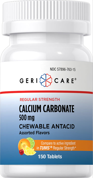 Geri-Care Regular Strength Calcium Carbonate 500 mg Chewable Antacid, Assorted Flavors, 150 Tablets.