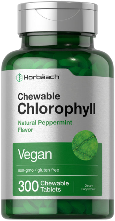 Horbäach Chewable Chlorophyll, natural peppermint flavor, 300 vegan tablets. Non-GMO, gluten-free dietary supplement.