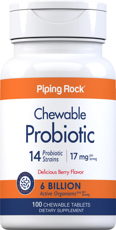 Chewable Probiotic, 14 Probiotic Strains, 17 mg per serving, Delicious Berry Flavor, 6 Billion Active Organisms, 100 Chewable Tablets.
